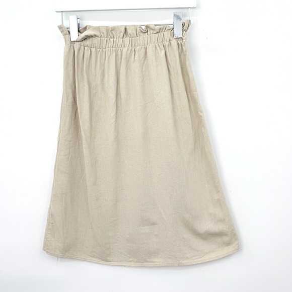 Linen Blend Button Front Skirt Womens XS Beige Paperbag Waist Minimalist Indie - Picture 2 of 7